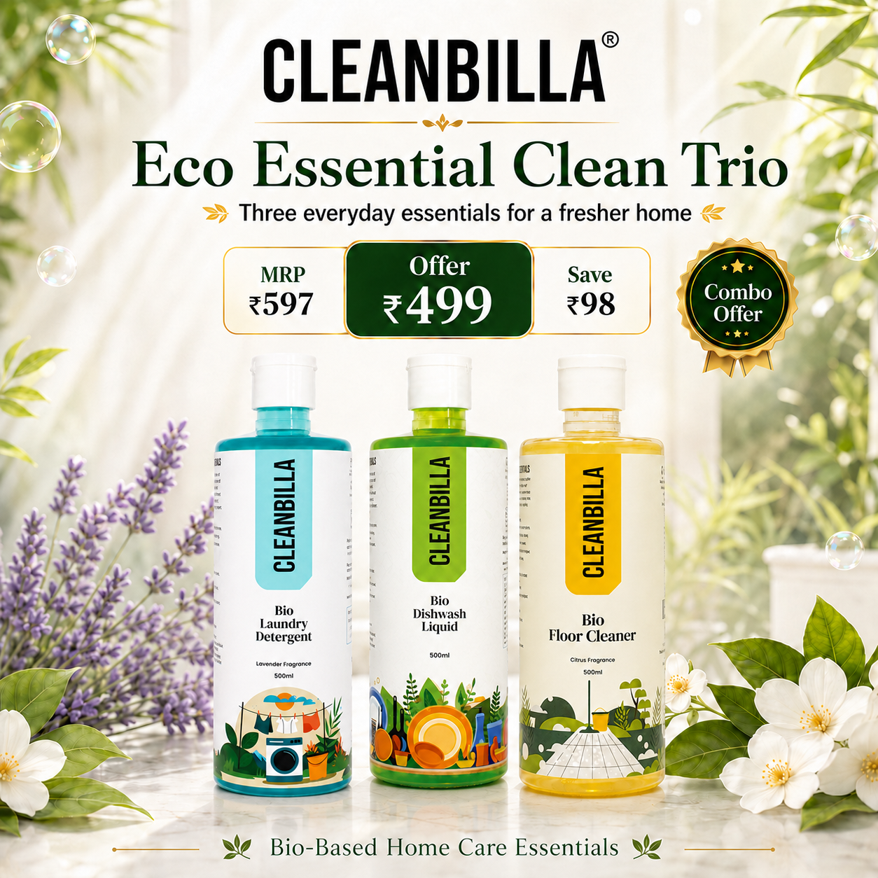 CleanBilla Bio Eco Essential Clean Trio - Lavender Laundry Detergent, Dishwash Liquid and Floor Cleaner, 500ml Each, Pack of 3