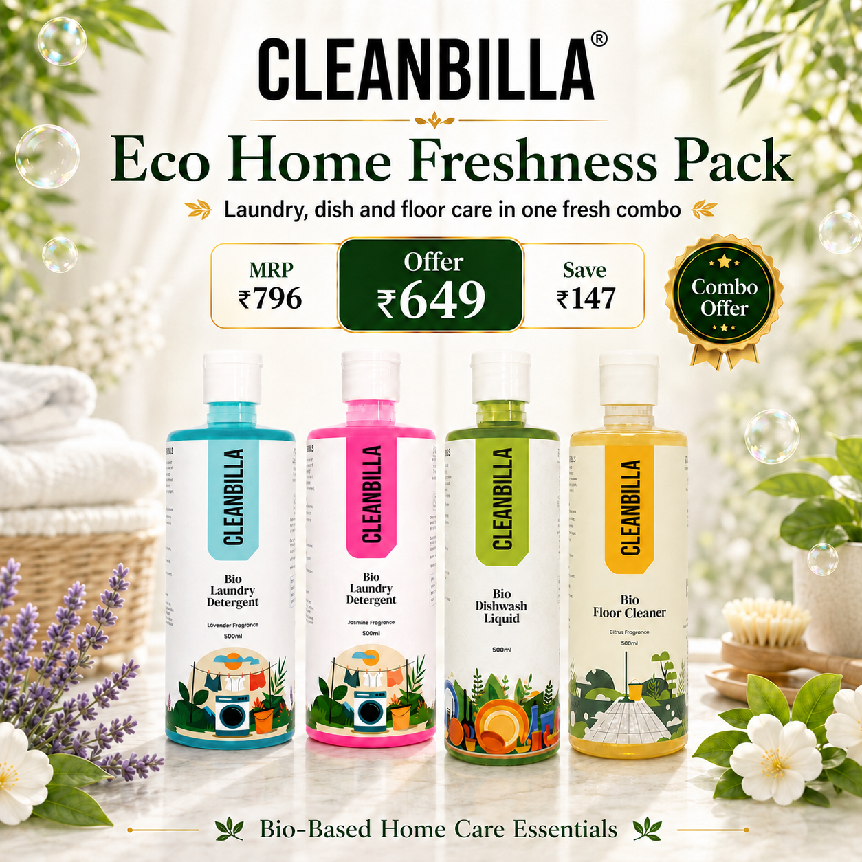 CleanBilla Bio Eco Home Freshness Combo Pack - Lavender & Jasmine Laundry Detergents, Dishwash Liquid and Floor Cleaner, 500ml Each, Pack of 4