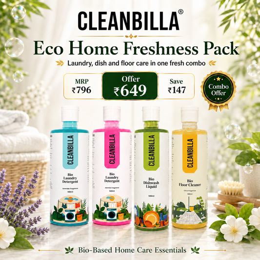 CleanBilla Bio Eco Home Freshness Combo Pack - Lavender & Jasmine Laundry Detergents, Dishwash Liquid and Floor Cleaner, 500ml Each, Pack of 4