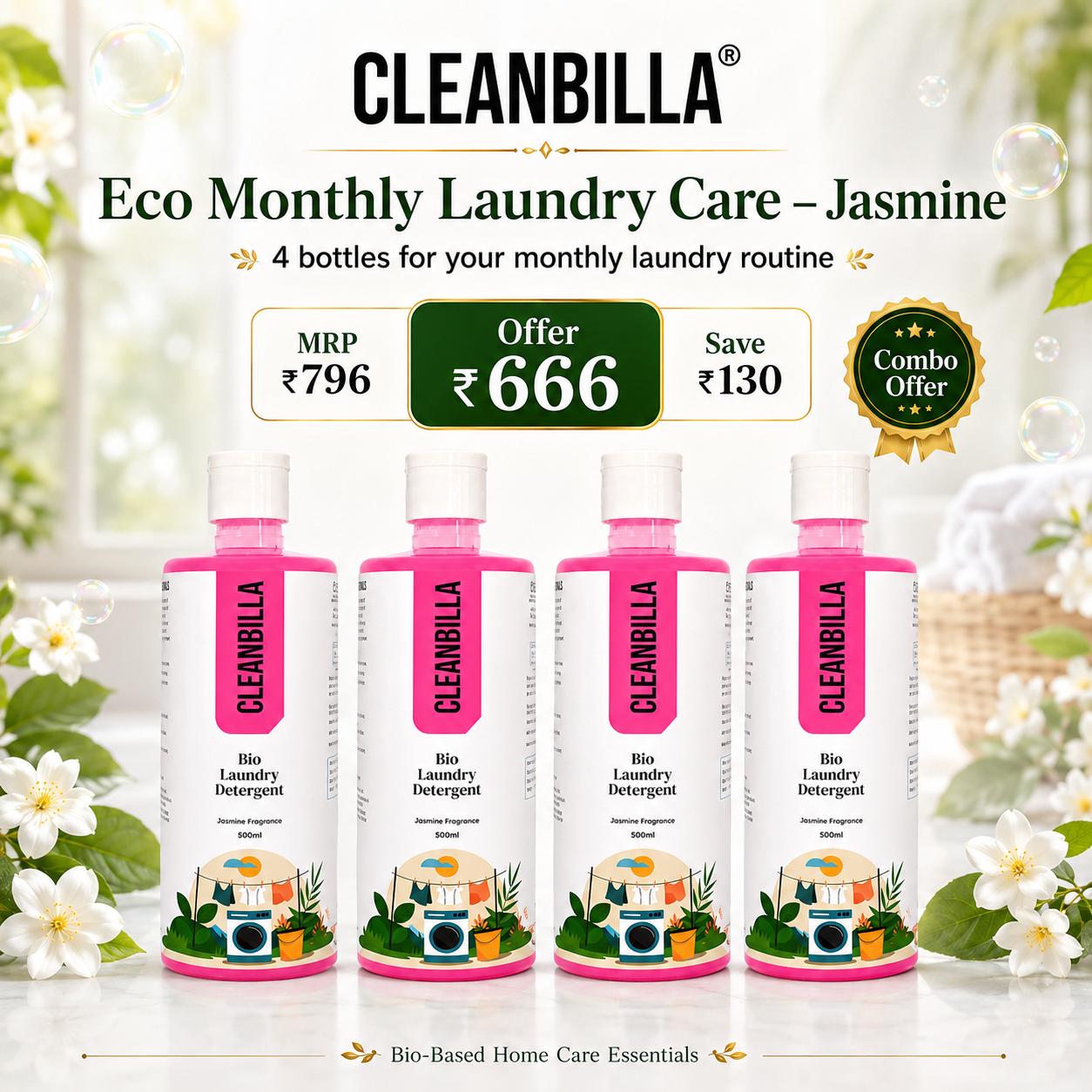 CleanBilla Bio Monthly Laundry Care Combo Pack - Jasmine Liquid Detergent for Machine and Bucket Wash, 500ml Each, Pack of 4