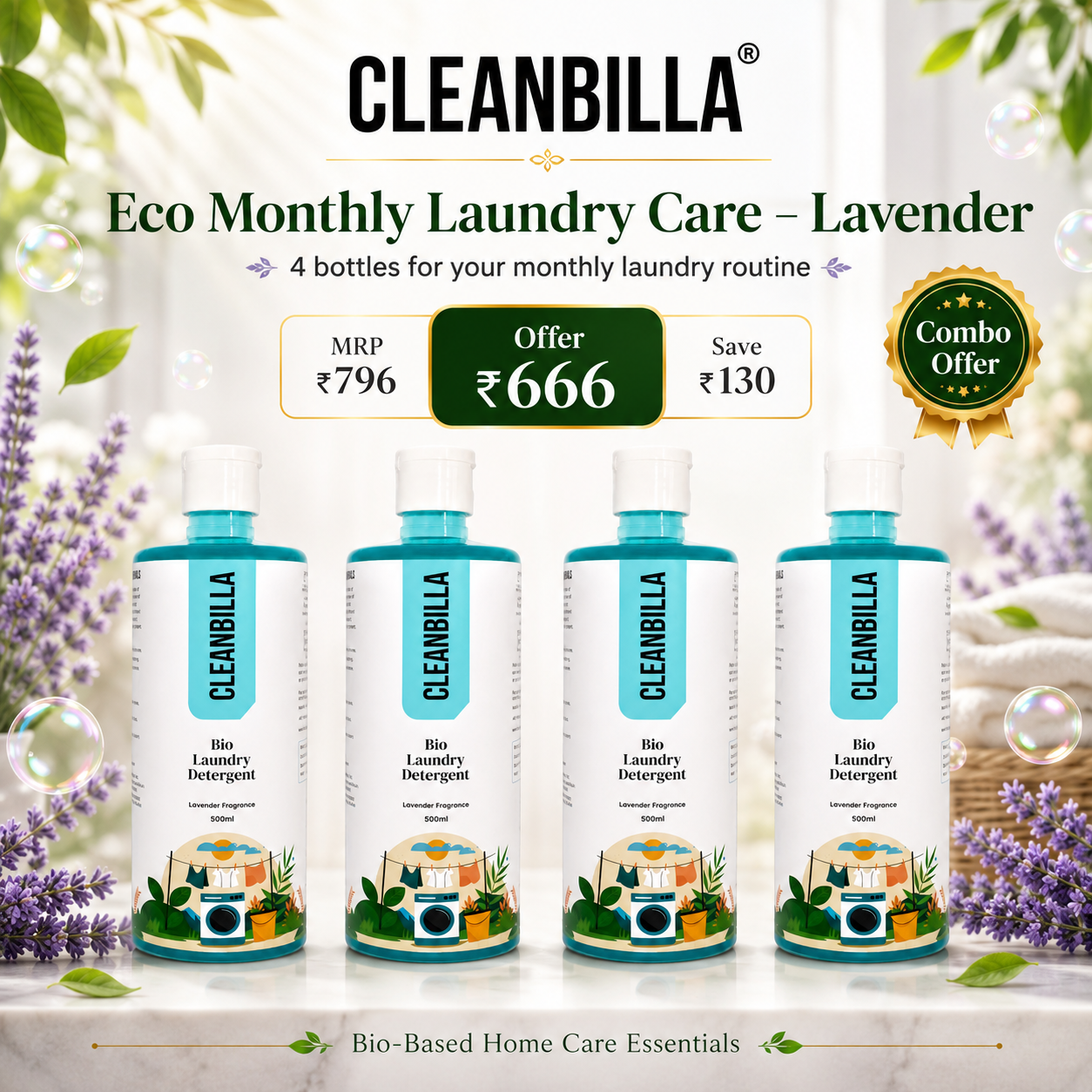 CleanBilla Bio Monthly Laundry Care Combo Pack - Lavender Liquid Detergent for Machine and Bucket Wash, 500ml Each, Pack of 4