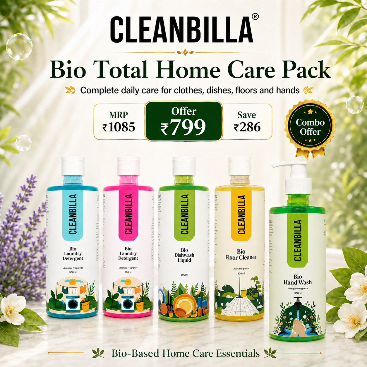 CleanBilla Bio Total Home Care Combo Pack - Lavender & Jasmine Laundry Detergents, Dishwash Liquid, Floor Cleaner and Hand Wash, 500ml Each, Pack of 5