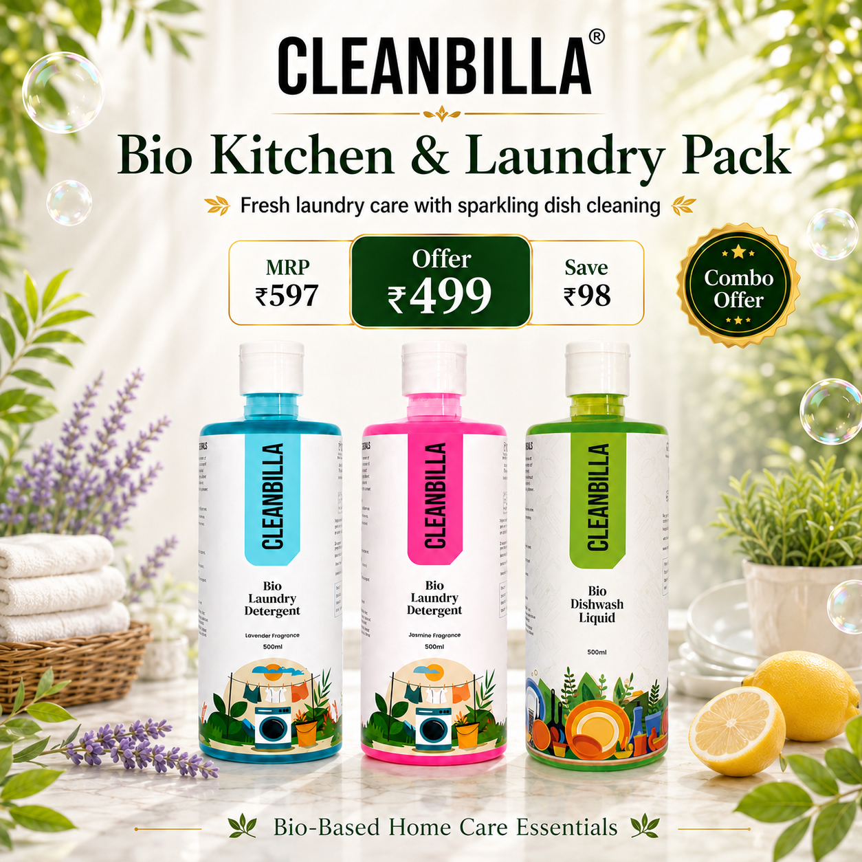 CleanBilla Bio Kitchen & Laundry Combo Pack - Lavender & Jasmine Detergents with Dishwash Liquid, 500ml Each, Pack of 3